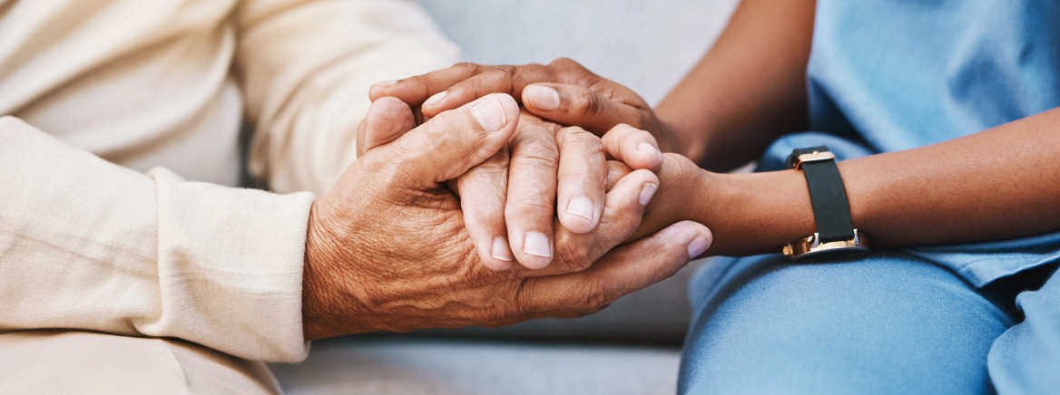 Nurse, hands and senior patient in empathy, safety and support of help, trust and healthcare consulting. Nursing home, counseling and gratitude for medical caregiver, client and hope in consultation