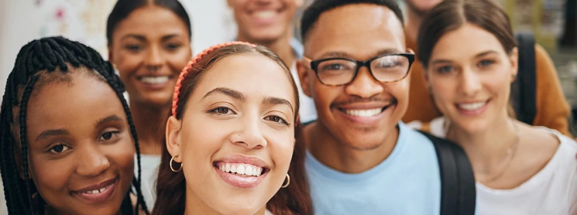 University friends, students and group selfie for social media at college, school and campus. Portrait of diversity, happy and gen z young people studying, education and learning knowledge together.