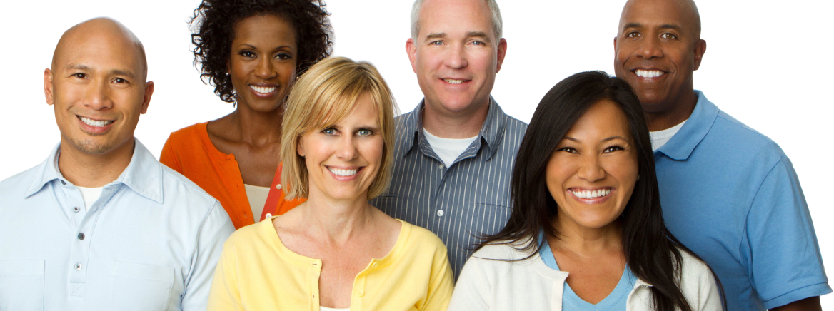 A diverse group of smiling adults standing against a white background.