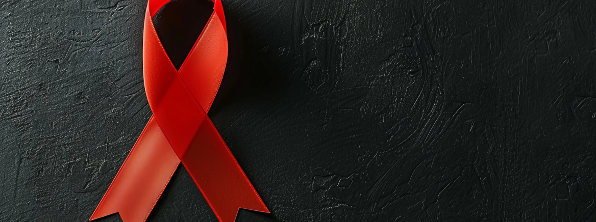 Red awareness ribbon on black background, top view