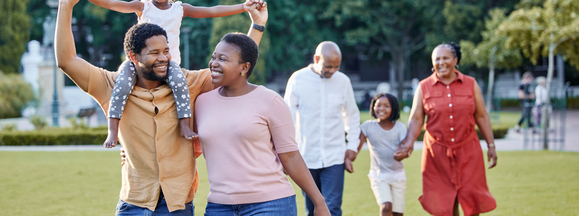 Generation of happy family walking in park, garden and summer nature outdoors to relax, bonding during quality time. Black people with grandparents, parents and children in love, care and support.