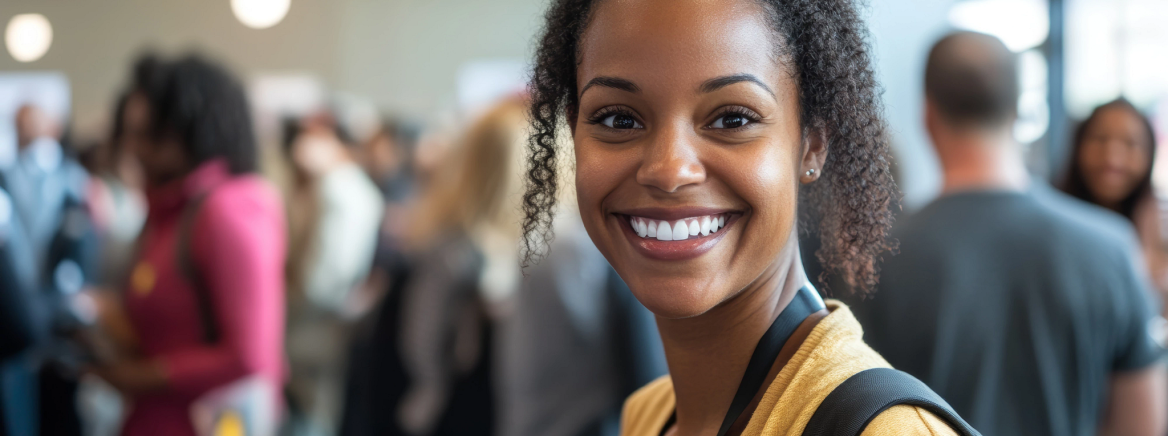 Woman at job and resource fair Open Space Job Fair: Eager Faces of Diverse Applicants