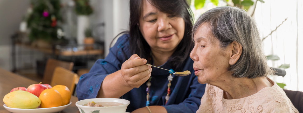 Daughter feeding elderly mother with soup.