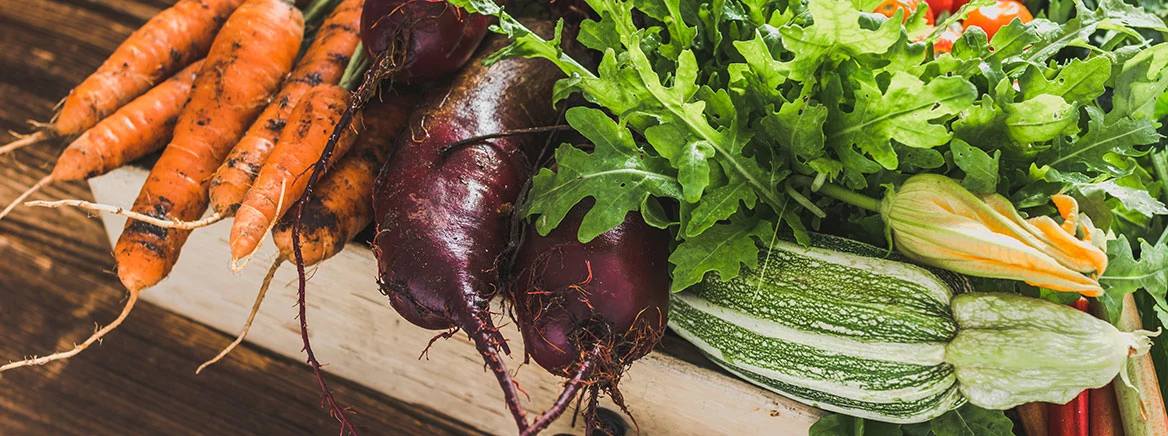 farm fresh vegetable box on wooden background, vegetarian food concept