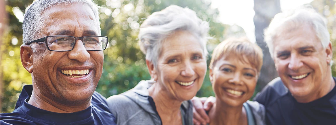 Nature, selfie and senior friends on a hike for wellness, exercise and health in the woods. Happy, smile and portrait of a group of elderly people in retirement in forest trekking together in summer