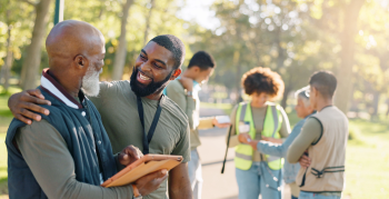 Park, people and volunteers success with tablet for data support, community project or nature sustainability. Humanitarian, recycling or senior leader in charity service or NGO for pollution cleanup.