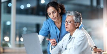 Doctors, nurse or laptop in night healthcare, planning research or surgery teamwork in wellness hospital. Talking, thinking or medical women on technology for collaboration help or life insurance app.