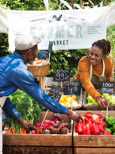 Greengrocer preparing organic fresh agricultural product at farmer market