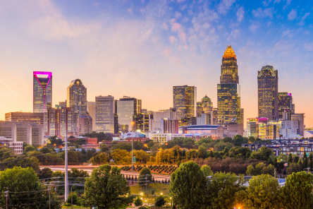 Uptown skyline of Charlotte, North Carolina, USA at dusk.